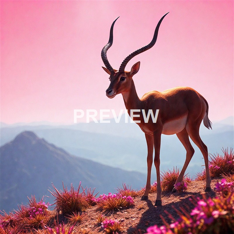 A digitally created image of a gazelle with long, twisted horns standing on a rocky terrain with pink flowering plants, set against a backdrop of mountains and a pink sky.